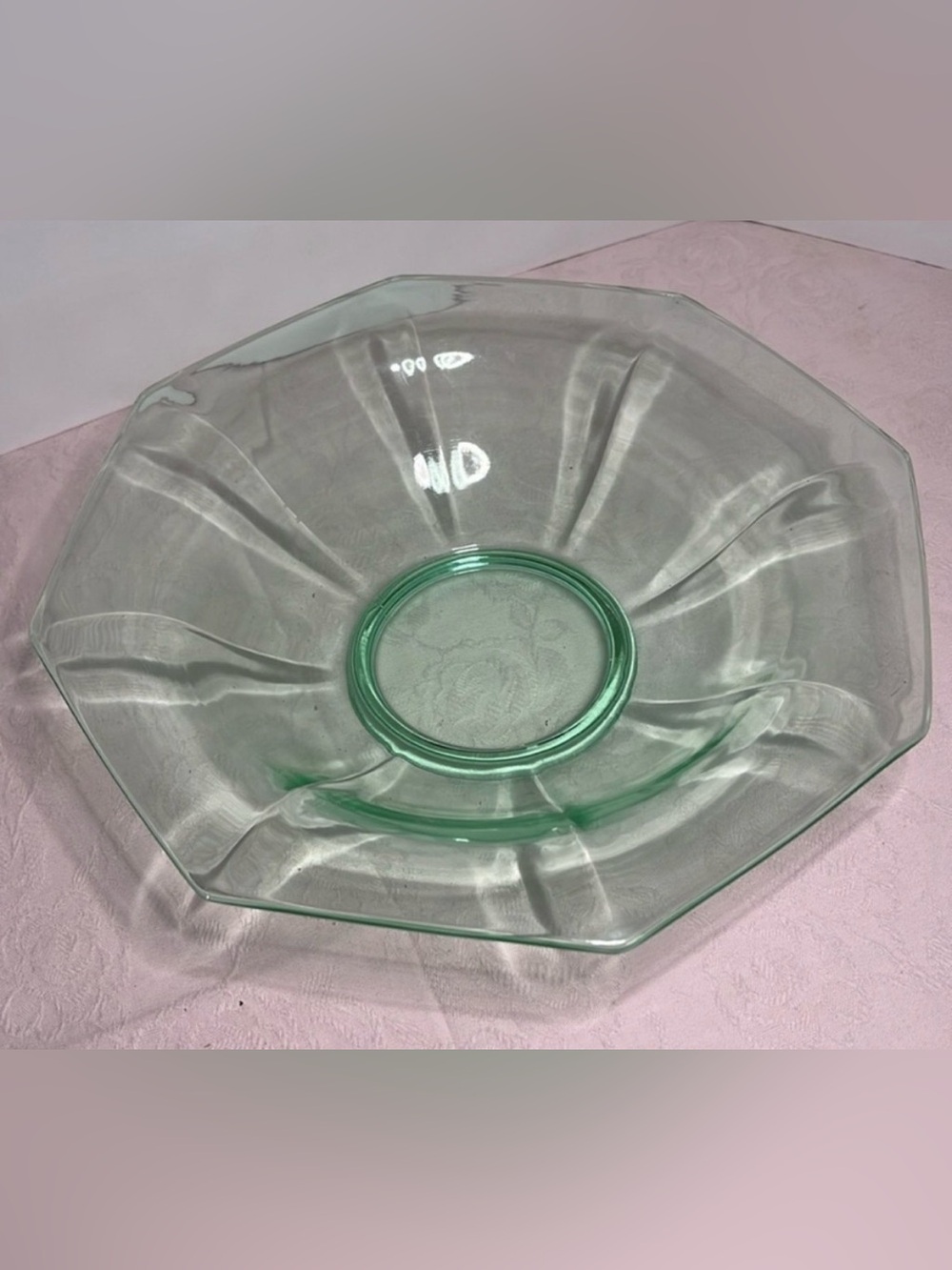 Vintage Octagon Flared Footed Bowl – 10.5” Depression Glass Uranium Glow